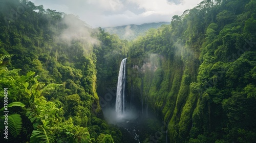 (Nature scene) Majestic waterfall surrounded by lush greenery