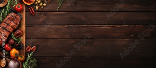 Wallpaper Mural BBQ menu: Grilled meats, snacks, veggies on wood board. Banner for text. Torontodigital.ca