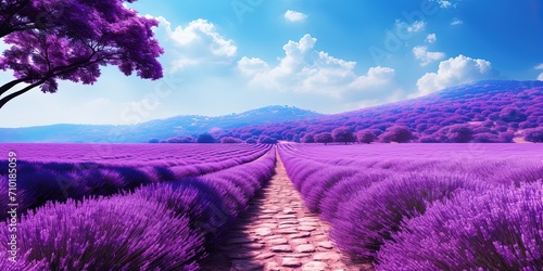 Stunning Lavender Field Path Leading to Mountains