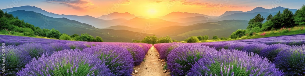 Lavender Field at Sunset with Mountain Range Panoramic View