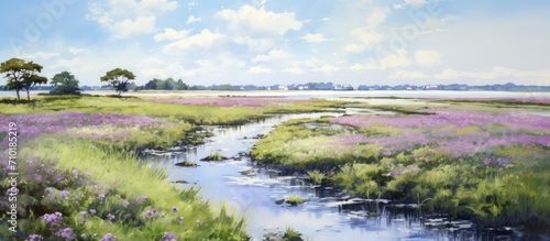 Salt marsh in springtime with fresh green leaves and a cluster of sea lavender photo