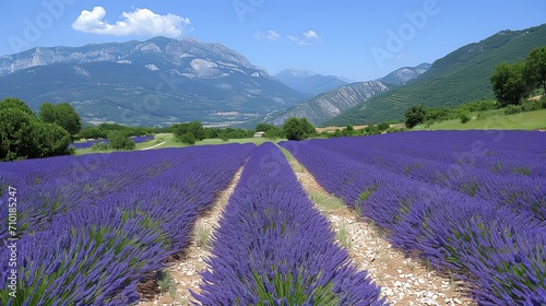 Vivid Lavender Fields with Mountain Range and Clear Skies