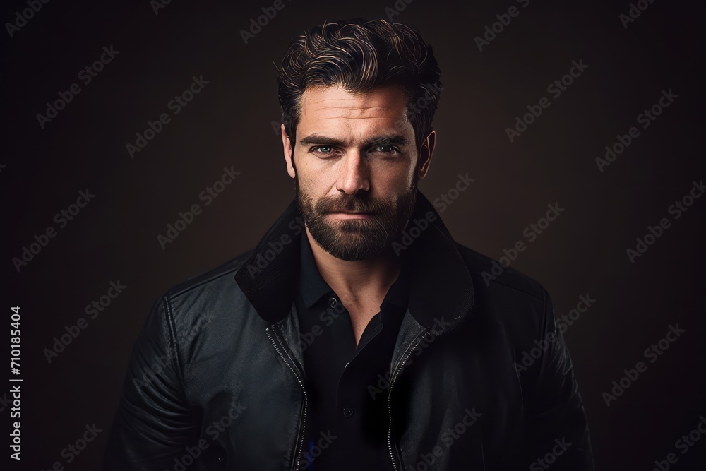 Portrait of a handsome man in a black jacket. Men's beauty, fashion.