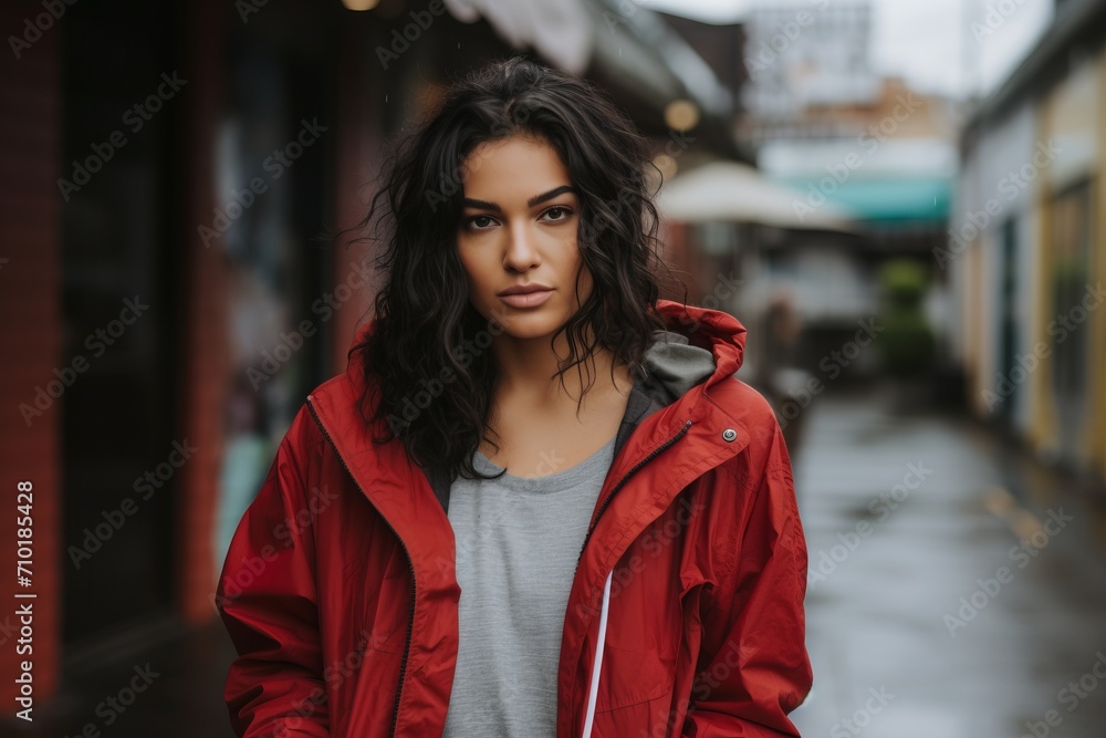 Portrait of a beautiful brunette woman in a red jacket. Portrait of a beautiful brunette woman in a red jacket.