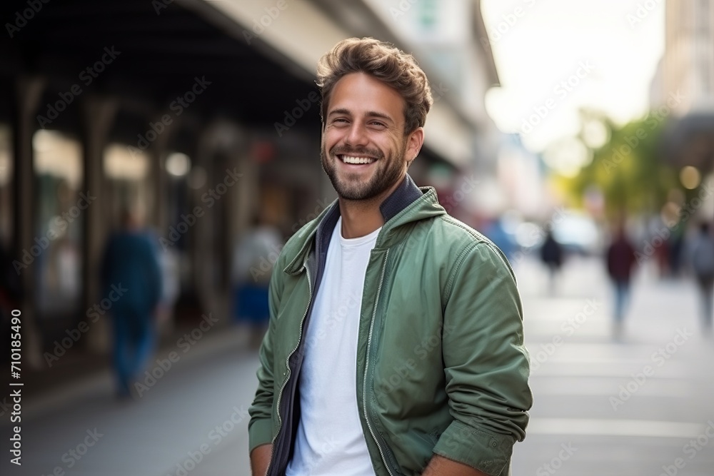 Portrait of a handsome young man walking in the street, smiling. Portrait of a handsome young man walking in the street, smiling.