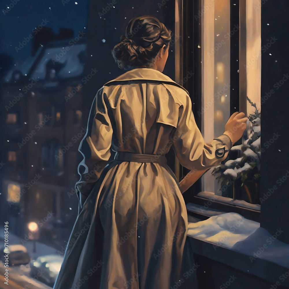 Naklejka premium Digital painting of A young woman in a trench coat looks out the window at the night city. 1970's style retro wallpaper