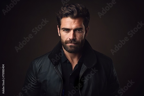 Portrait of a handsome man in a black jacket. Men's beauty, fashion.