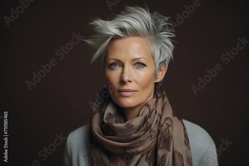 Portrait of a beautiful middle-aged woman with short gray hair wearing a scarf