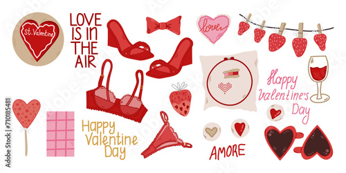 Valentine's day cute elements set.Сake heart,underwear, bra, panties, shoes,chocolate,lollipop,strawberry,chocolate, heart embroidery,cross stitch,cups heart, cookies.