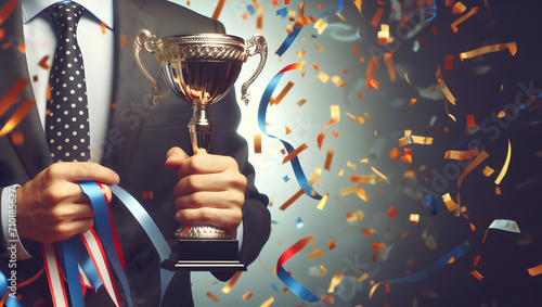Successful business man holding prize or cup award for corporate development of an investment company. Generative Ai.
