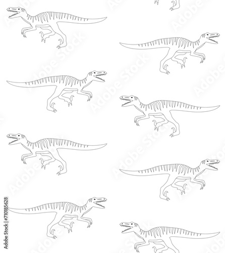 Vector seamless pattern of hand drawn flat outline velociraptor dinosaur isolated on white background