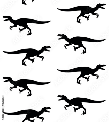 Vector seamless pattern of hand drawn flat velociraptor dinosaur silhouette isolated on white background