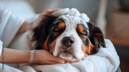 relaxed bernese mountain dog getting a massage at a spa photo