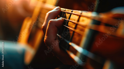 Close-up of a guitar string being plucked, blurred background. photo