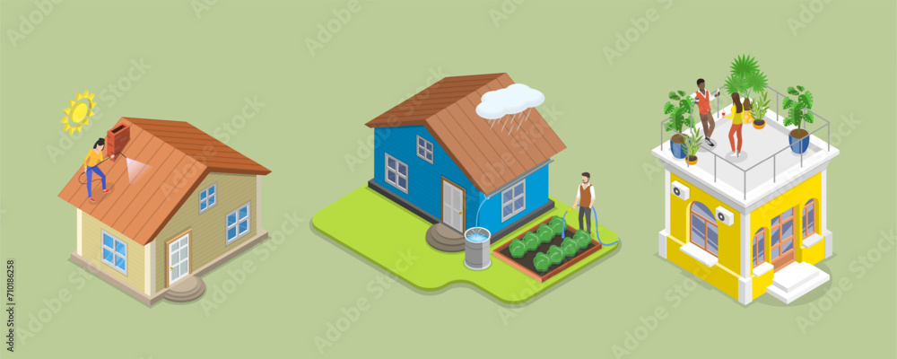 3D Isometric Flat Vector Illustration of Rooftop Garden, Patio on Cityscape