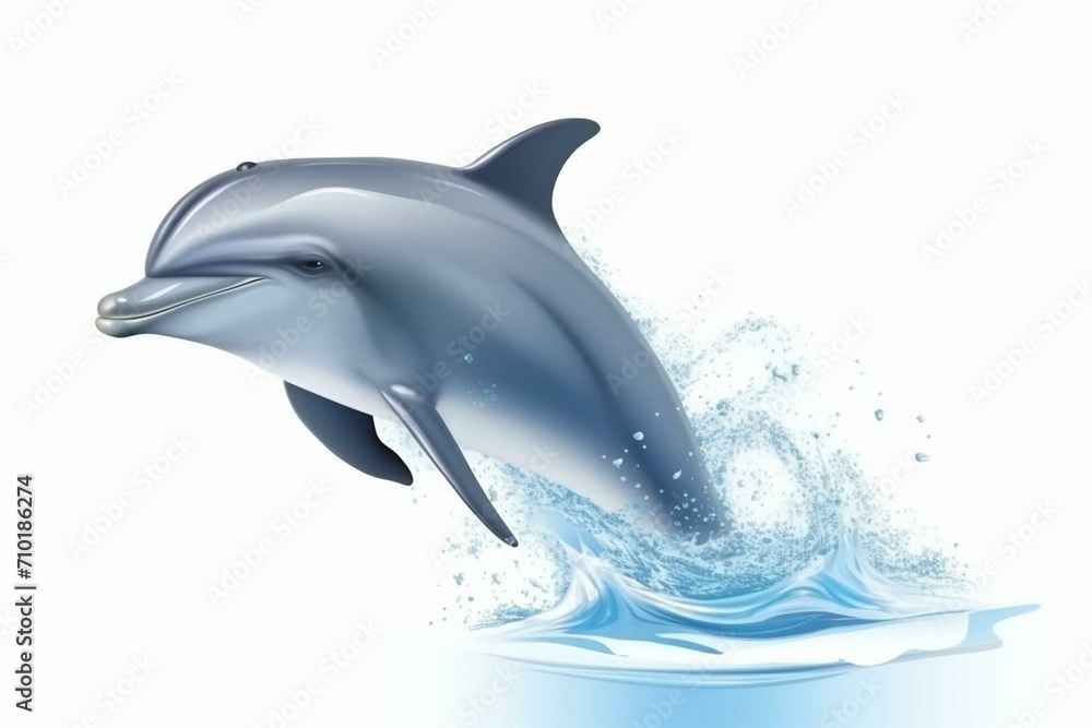 Jumping dolphin with open mouth on white background. Generative AI