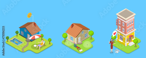 3D Isometric Flat Vector Illustration of Real Estate Types, Condominium, Detached House or Appartment