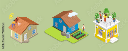 3D Isometric Flat Vector Illustration of Rooftop Garden, Patio on Cityscape