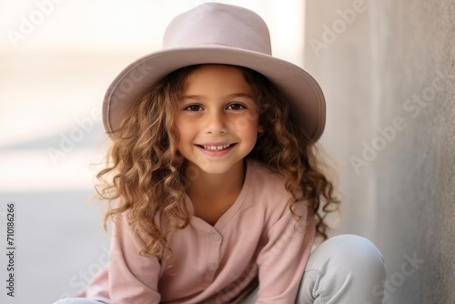 portrait of smiling little girl in hat sitting on stairs at home © Iigo