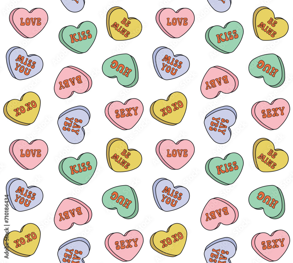 Vector seamless pattern of groovy retro cartoon colored Valentine love candies isolated on white background