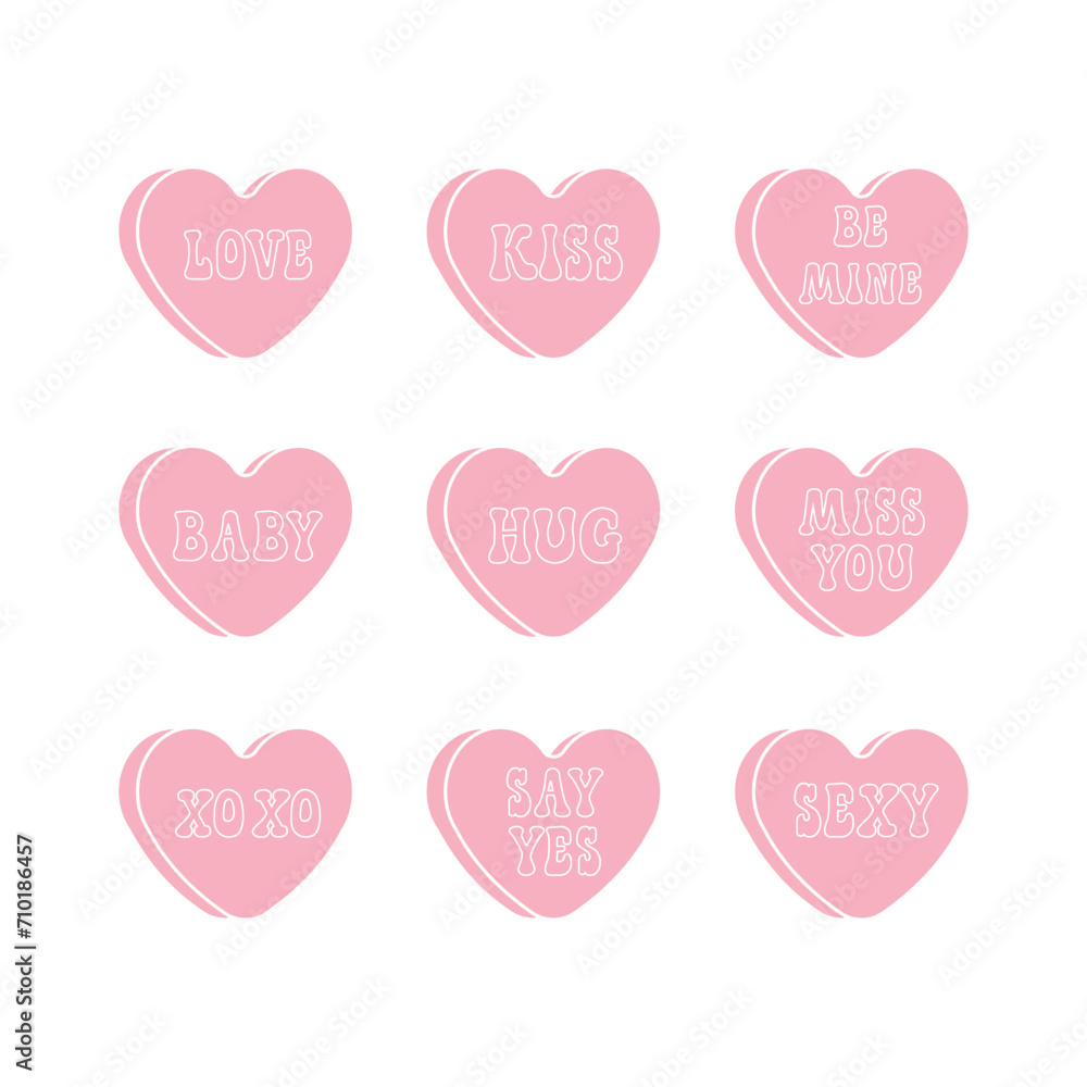 Vector set of groovy retro cartoon pink Valentine love candies isolated on white background
