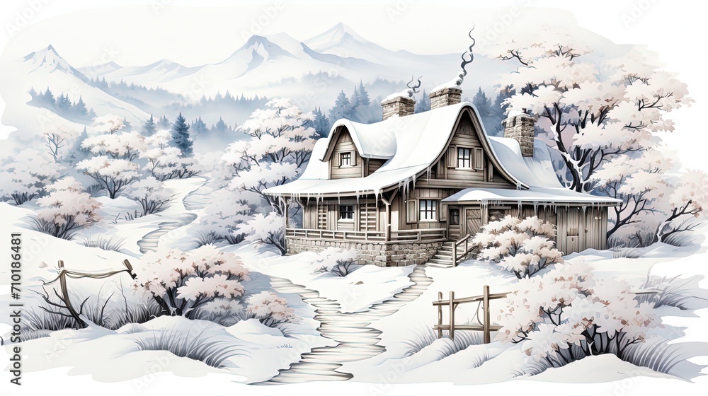 Fototapeta premium Snowy Countryside House with Watercolor Effect