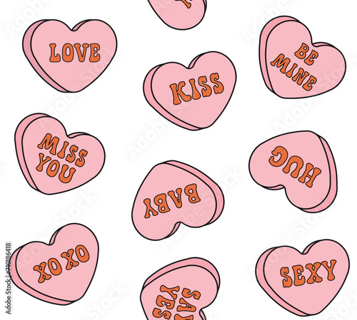 Vector seamless pattern of groovy retro cartoon Valentine love candies isolated on white background