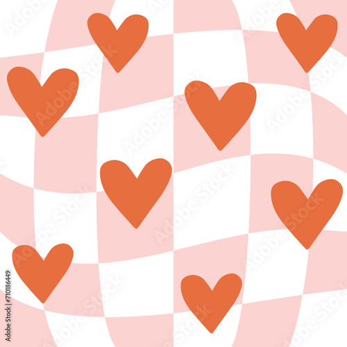 Vector seamless pattern of groovy hearts on pink chessboard background