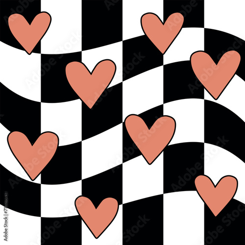 Vector seamless pattern of groovy hearts on chessboard background