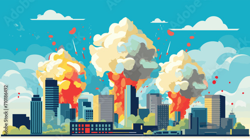 City skyline with explosions, smoke, and fire in modern urban setting. Catastrophic event in downtown district. Disaster scenario, urban crisis vector illustration.
