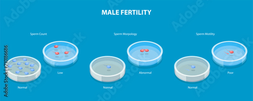3D Isometric Flat Vector Illustration of Male Fertility, Count, Morphology and Motility