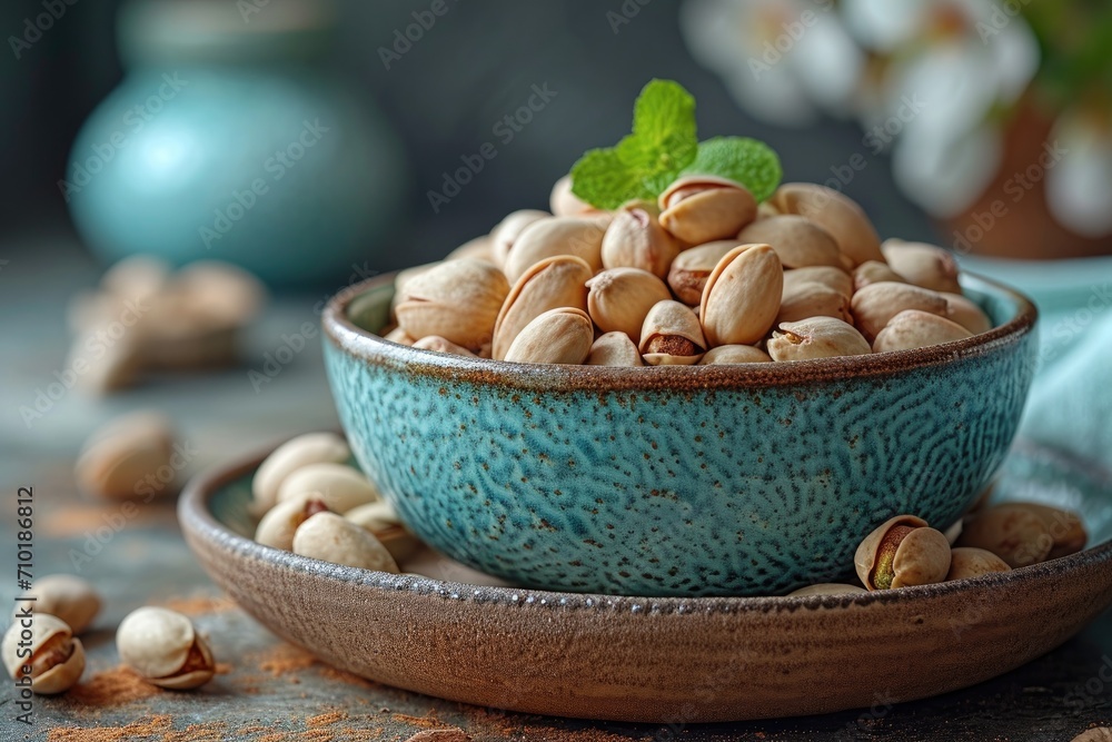 A rustic bowl of assorted nuts, carefully arranged on a delicate plant-patterned plate, sits upon a wooden table, tempting the senses with its earthy aroma and satisfying crunch A rustic bowl of assorted nuts, carefully arranged on a delicate plant-patterned plate, sits upon a wooden table, tempting the senses with its earthy aroma and satisfying crunch