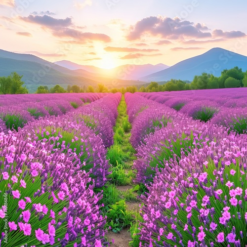 Sunset Over Lavender Fields with Mountain Backdrop
