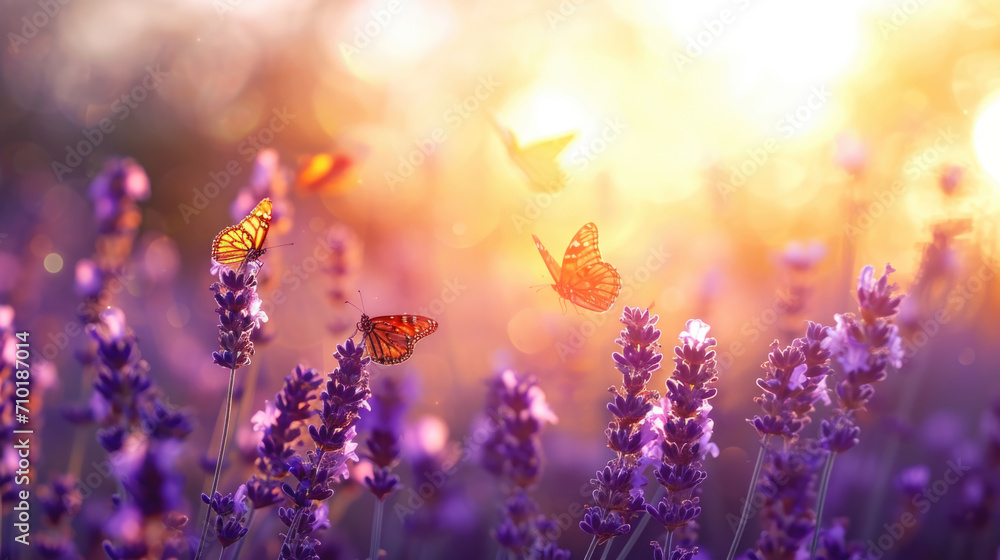 Lavender Field at Sunset with Butterflies Lavender Field at Sunset with Butterflies