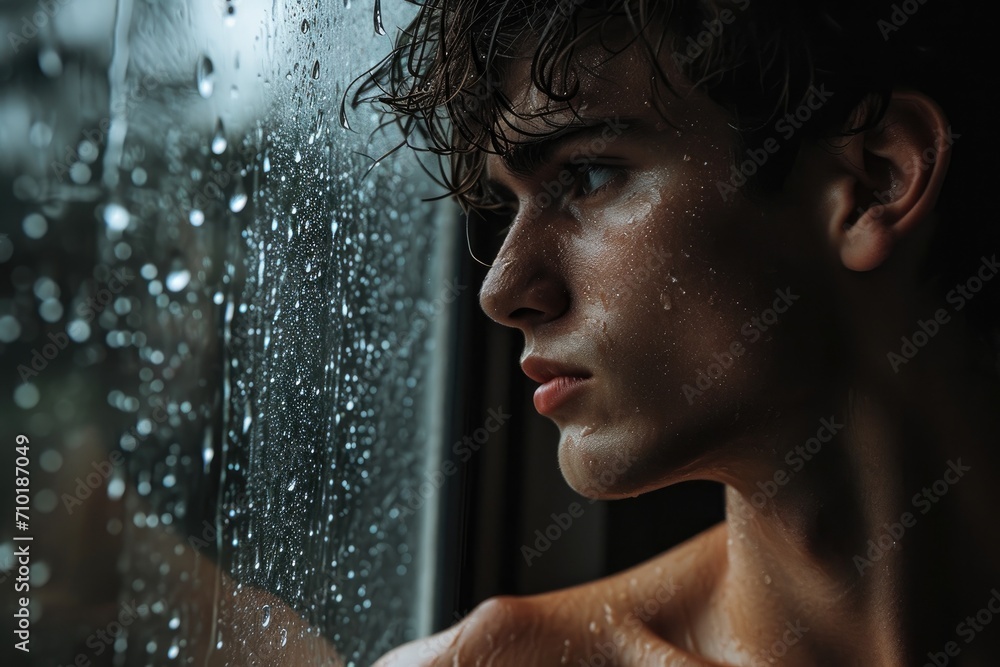 A man gazes out the window, his human face reflecting in the water droplets left behind by his indoor shower, lost in thought and contemplation
