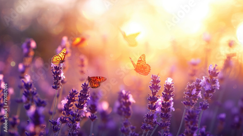 Lavender Field at Sunset with Butterflies