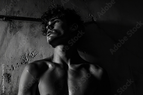 A solitary figure stands against the starkness of a black wall, his bare chest and muscles on display in a monochrome portrait that captures the vulnerability and strength of the human form