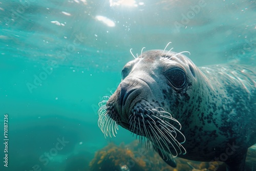 A majestic harbor seal gracefully glides through the crystal clear water, basking in the warm sunbeams while showcasing its unique earless form and luxurious fur coat, a stunning sight that captures 