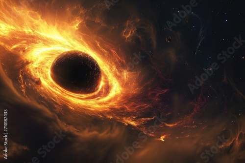 A blazing inferno engulfs the cosmic abyss  as a celestial vortex devours all in its path within the vastness of the universe