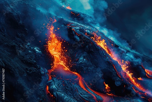 A fiery river of molten rock pours into the earth, engulfing the rugged mountain in a powerful display of natural heat and energy