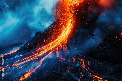 The fiery rage of nature pours forth from the mountain's fissure vent, as the scorching lava dome belches smoke and heat in a powerful eruption, showcasing the raw beauty and destructive force of the