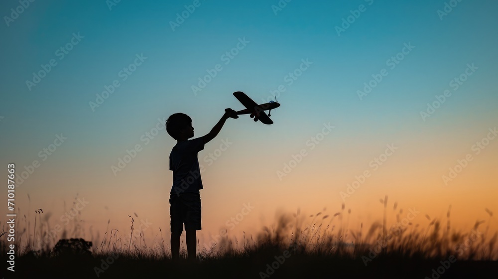 Silhouette of boy playing with airplane toy against clear sky