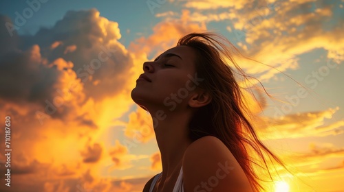 Young woman relaxing in summer sunset sky outdoor. People freedom style. © buraratn