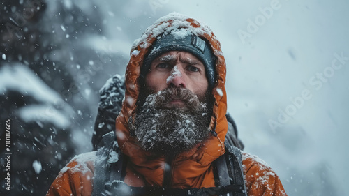 Face of serious bearded man during storm, portrait of climber with snow on blizzard background in winter. Concept of cold, ice, sport, climbing, frozen people, travel and frost photo