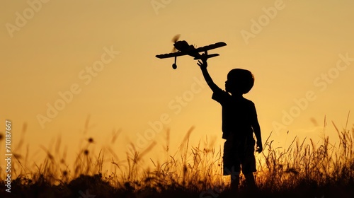 Silhouette of boy playing with airplane toy against clear sky