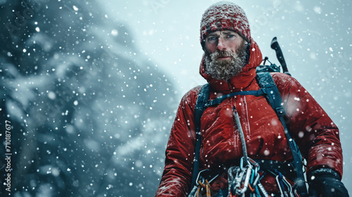 Serious climber walks during storm, portrait of bearded man with snow on mountain background in winter. Concept of cold, ice, sport, climbing, frozen nature, travel and frost photo