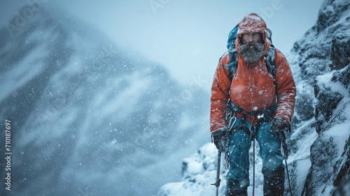 Man climber walks at mountain during storm, bearded hiker with snow on blurred background in winter. Concept of cold, ice, sport, climbing, frozen nature, travel and frost photo