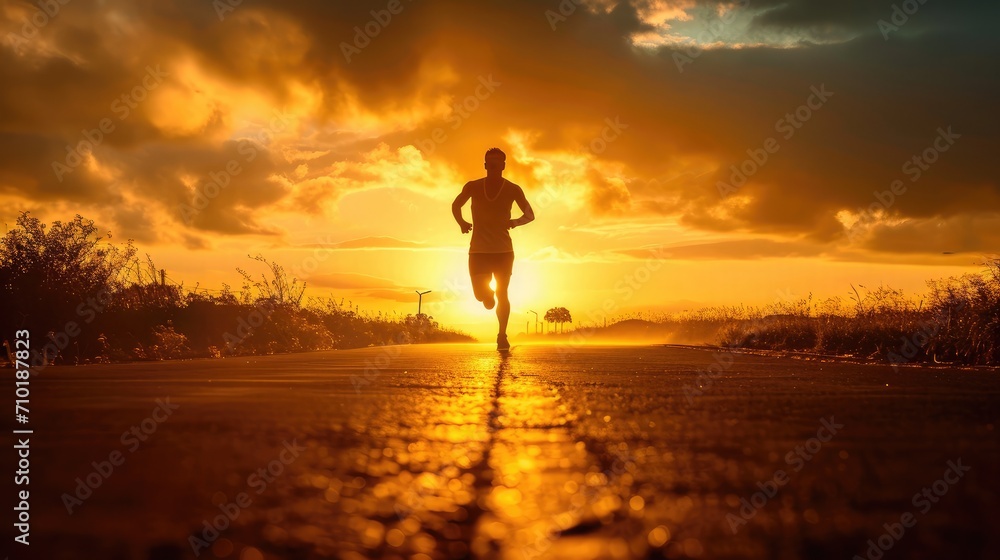 Silhouette view of a man jogging on road with dawn sky background.