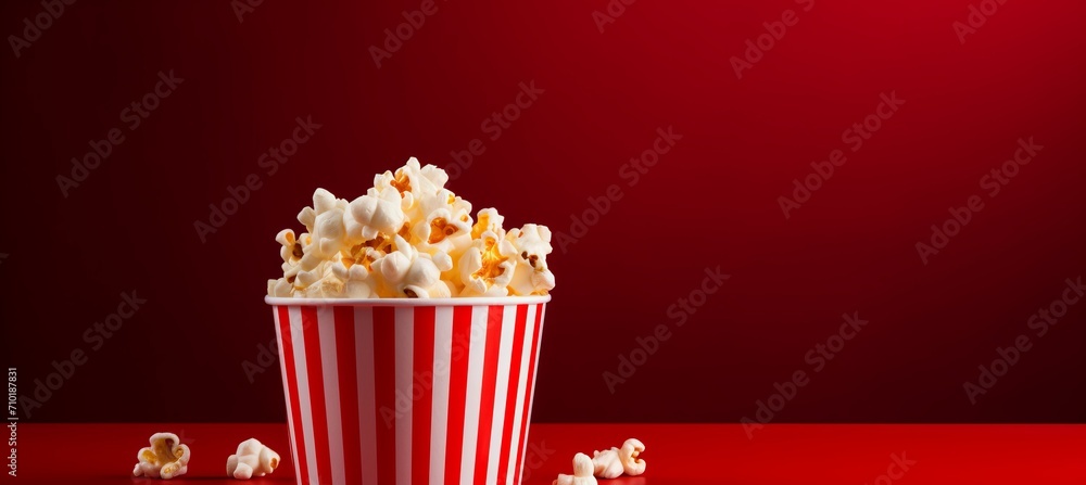 Striped popcorn box with delicious popcorn on red gradient background and empty space