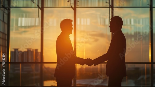 Silhouette of two businessmen handshaking together while standing near window with dusk sunlight background